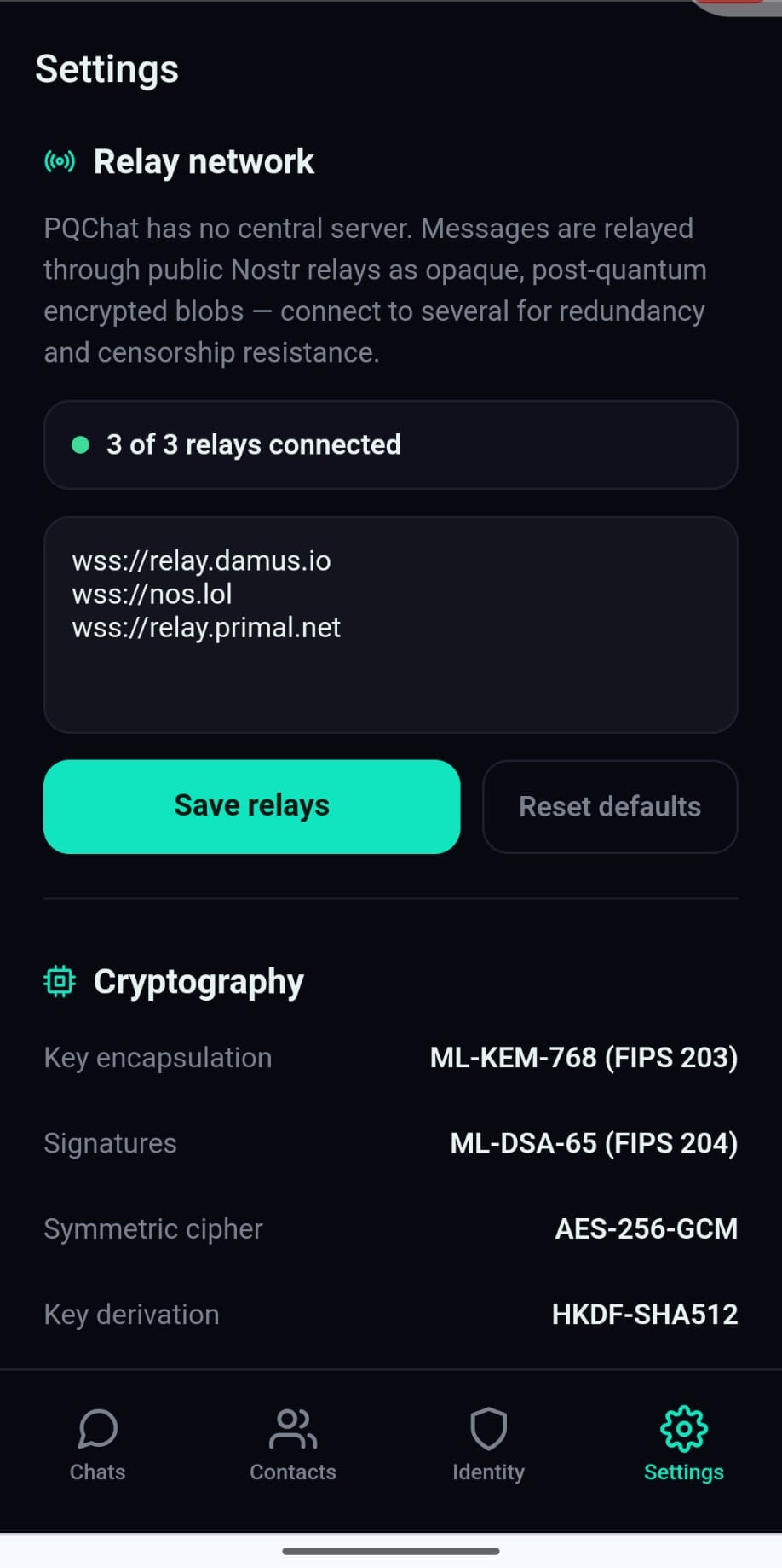 Relay and Cryptography Settings Screen